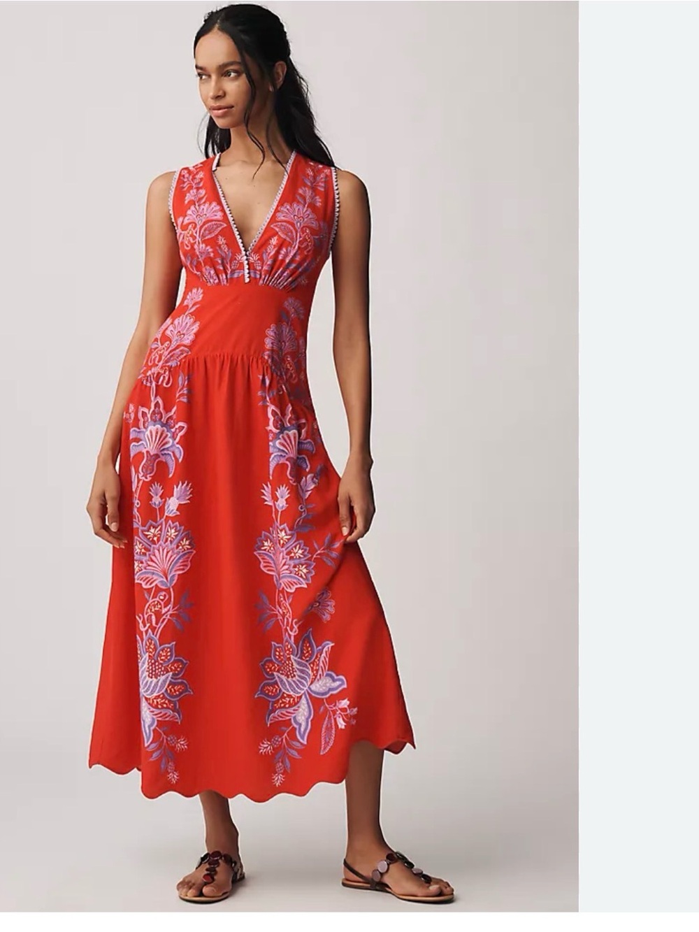 FARM Rio Red Midi Dress with Lavender Floral Embroidery